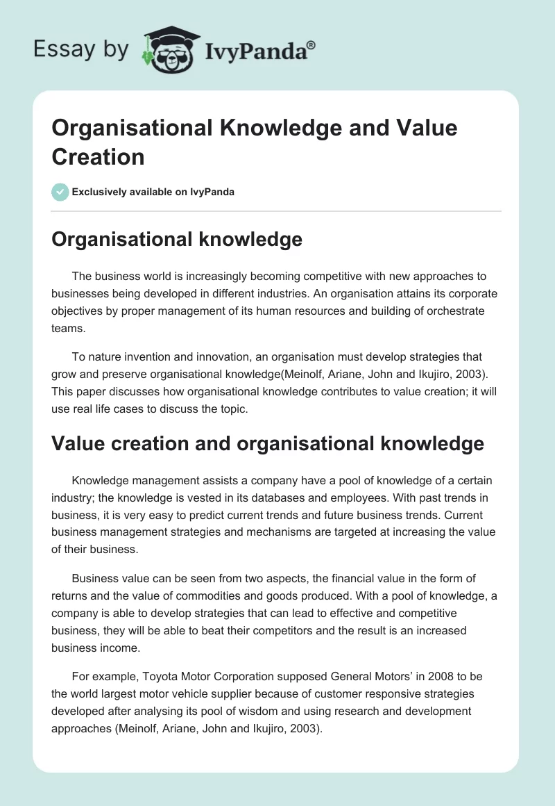 Organisational Knowledge and Value Creation. Page 1
