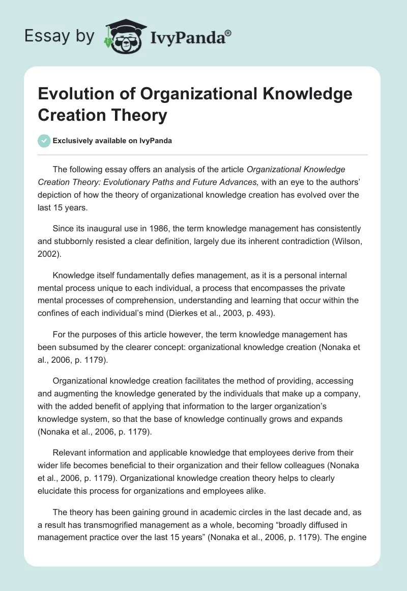 Evolution of Organizational Knowledge Creation Theory. Page 1