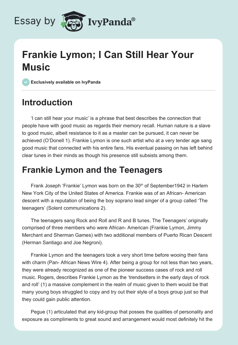 Frankie Lymon; I Can Still Hear Your Music. Page 1