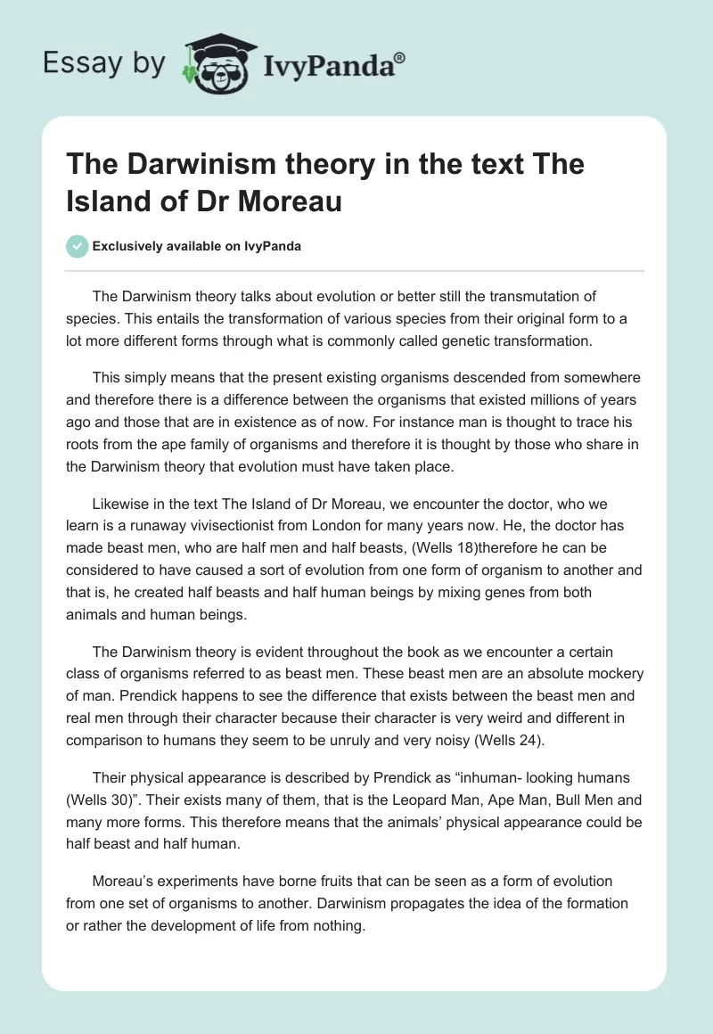 The Darwinism theory in the text The Island of Dr Moreau. Page 1
