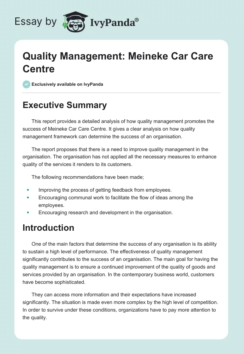 Quality Management: Meineke Car Care Centre. Page 1