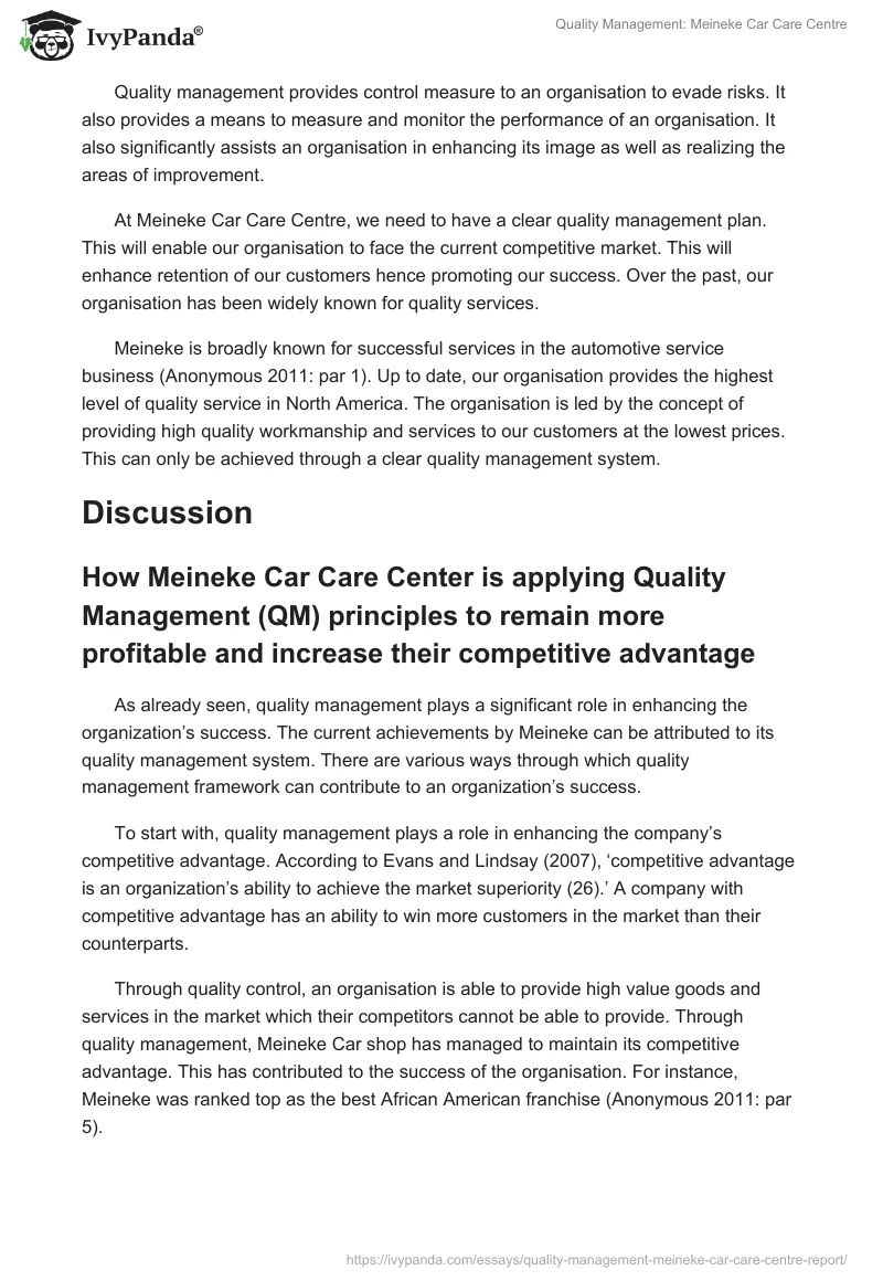 Quality Management: Meineke Car Care Centre. Page 2