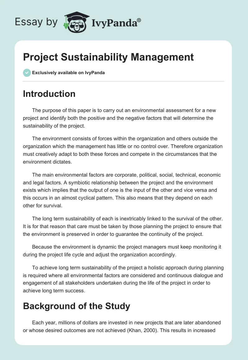 Project Sustainability Management. Page 1