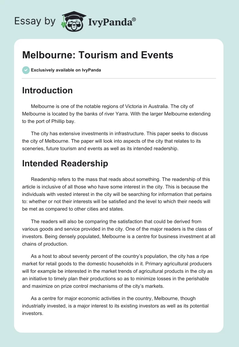 Melbourne: Tourism and Events. Page 1