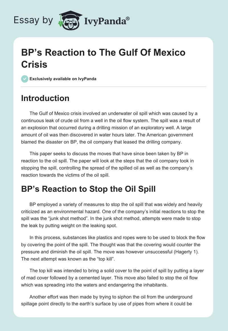 BP’s Reaction to the Gulf of Mexico Crisis. Page 1