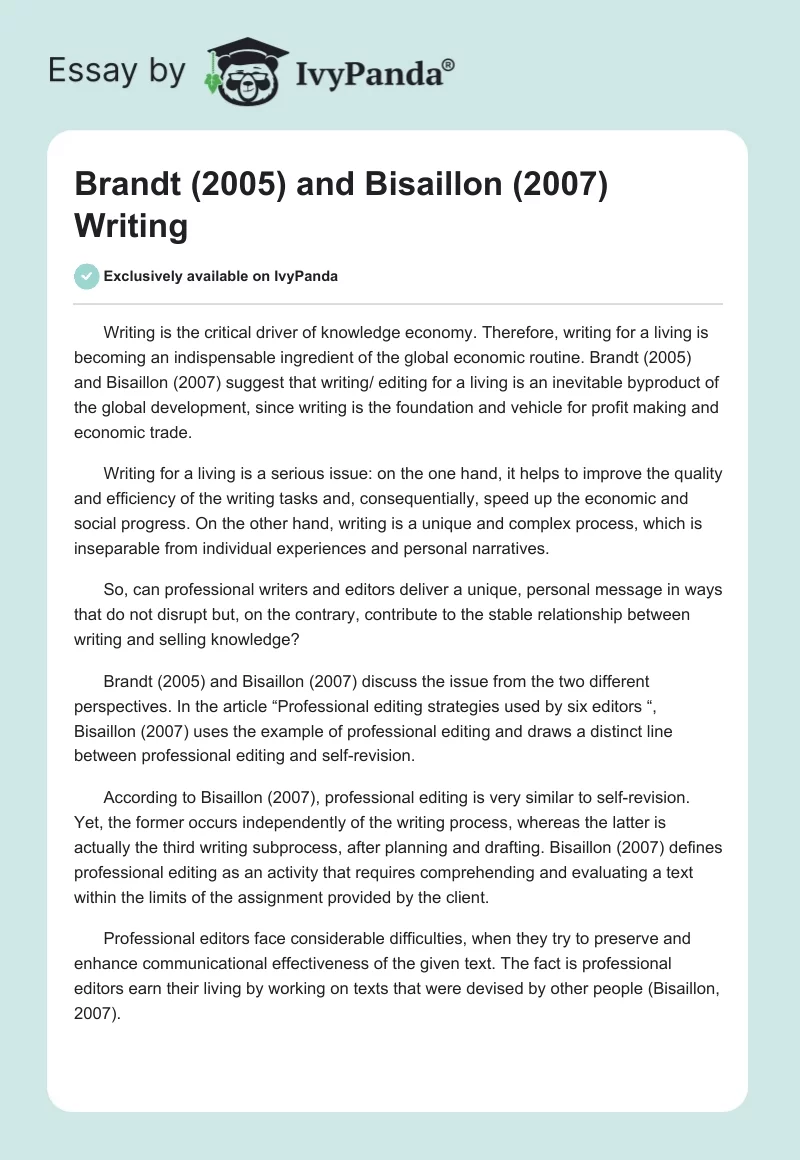 Brandt (2005) and Bisaillon (2007) Writing. Page 1