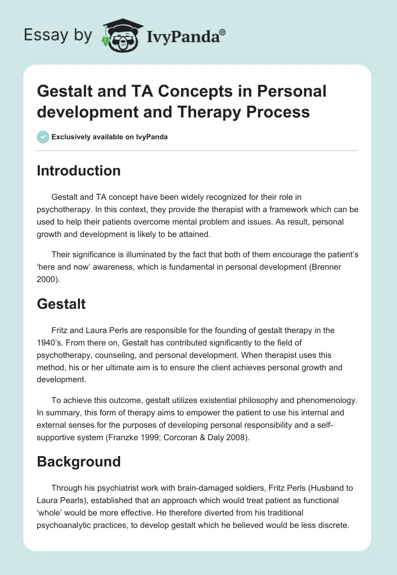 Gestalt and TA Concepts in Personal Development and Therapy Process. Page 1