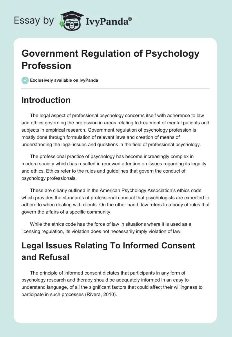 Government Regulation of Psychology Profession. Page 1