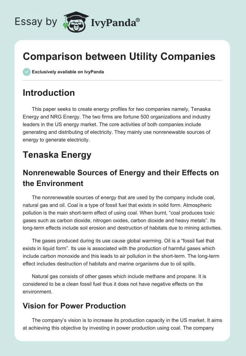Comparison between Utility Companies. Page 1