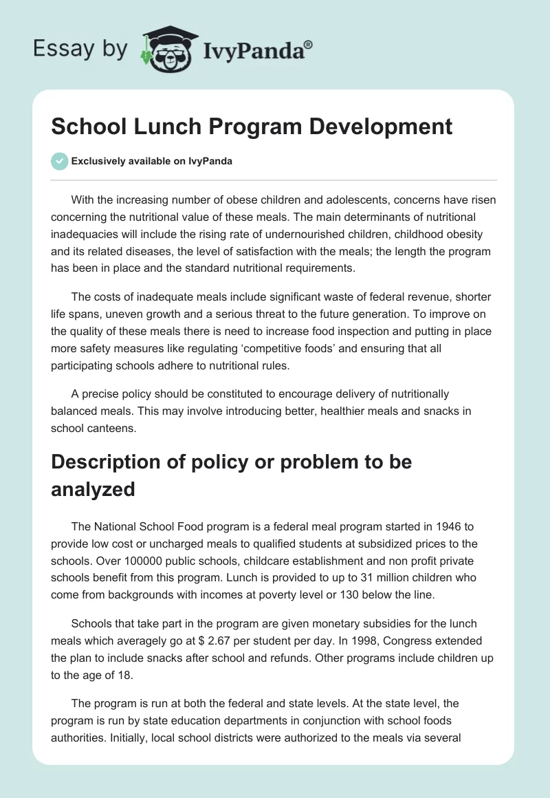 School Lunch Program Development. Page 1