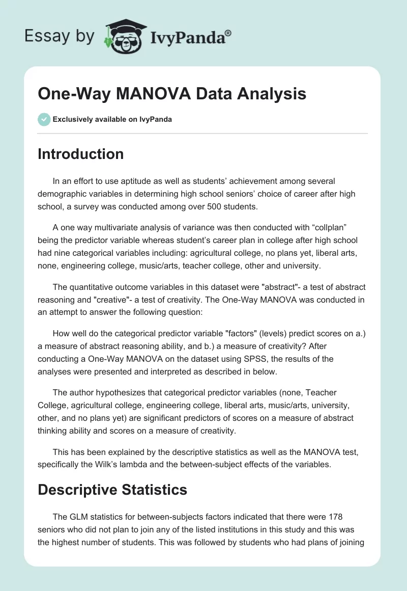 One-Way MANOVA Data Analysis. Page 1