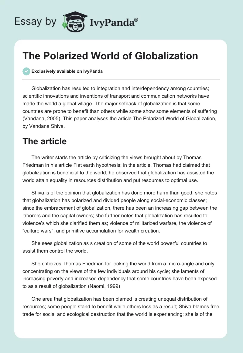 The Polarized World of Globalization - 568 Words | Essay Example