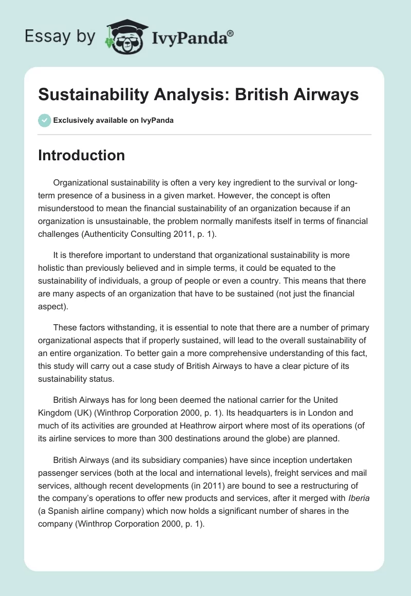 Sustainability Analysis: British Airways. Page 1