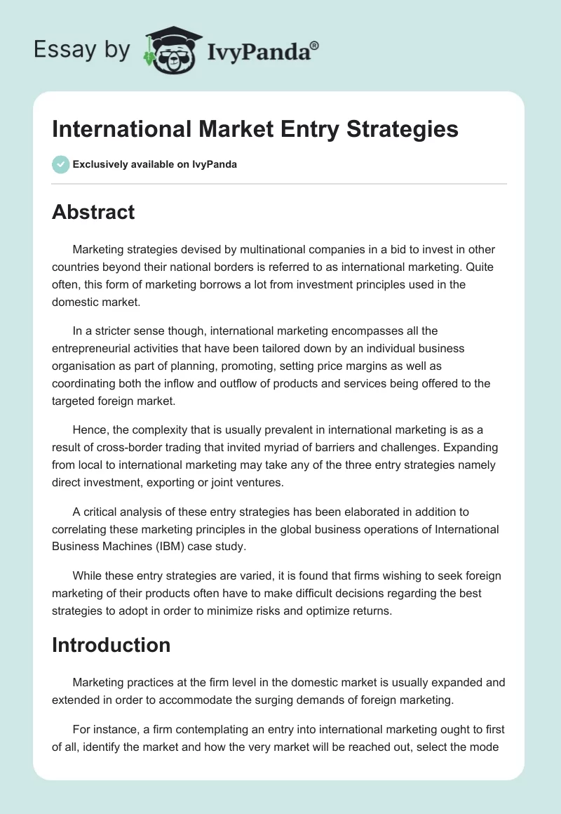 International Market Entry Strategies. Page 1