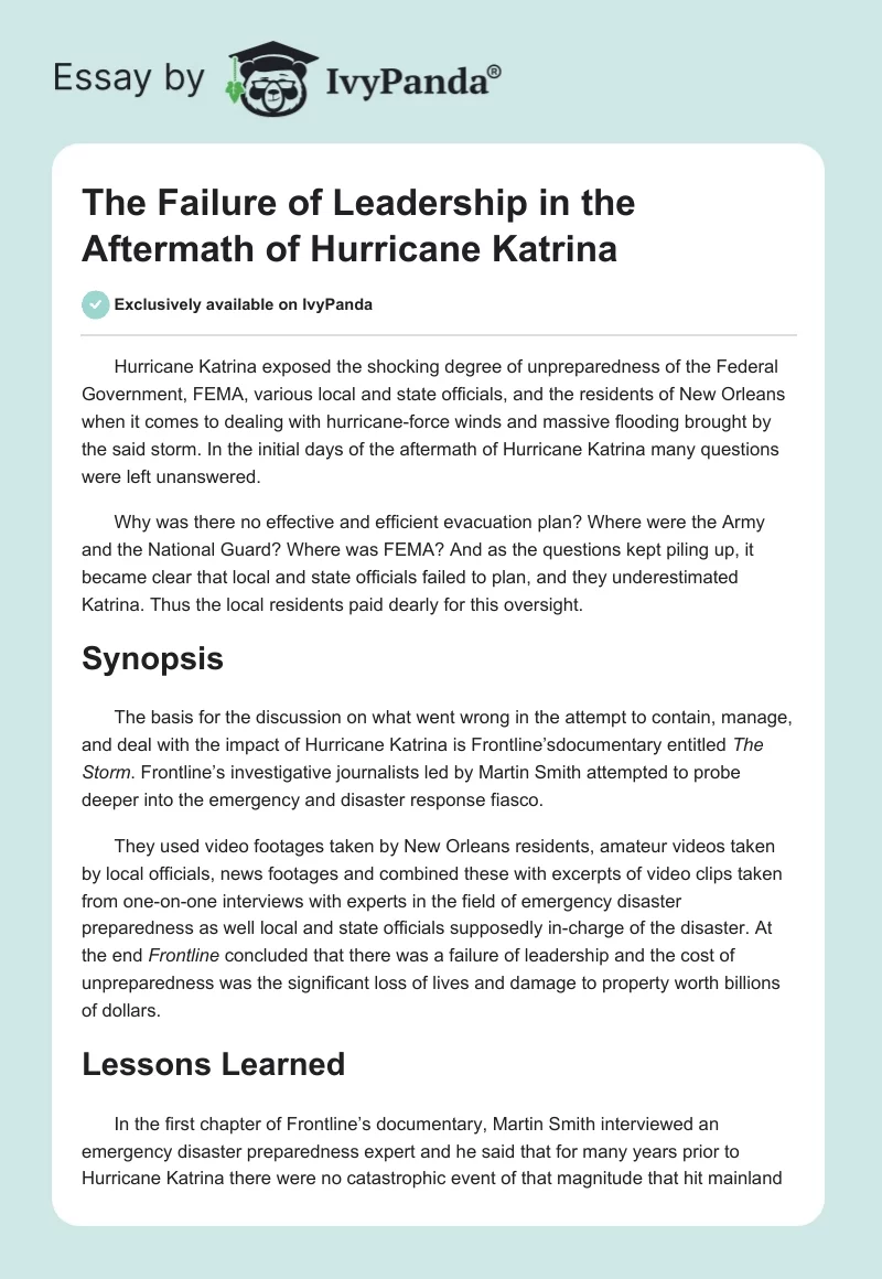The Failure of Leadership in the Aftermath of Hurricane Katrina. Page 1