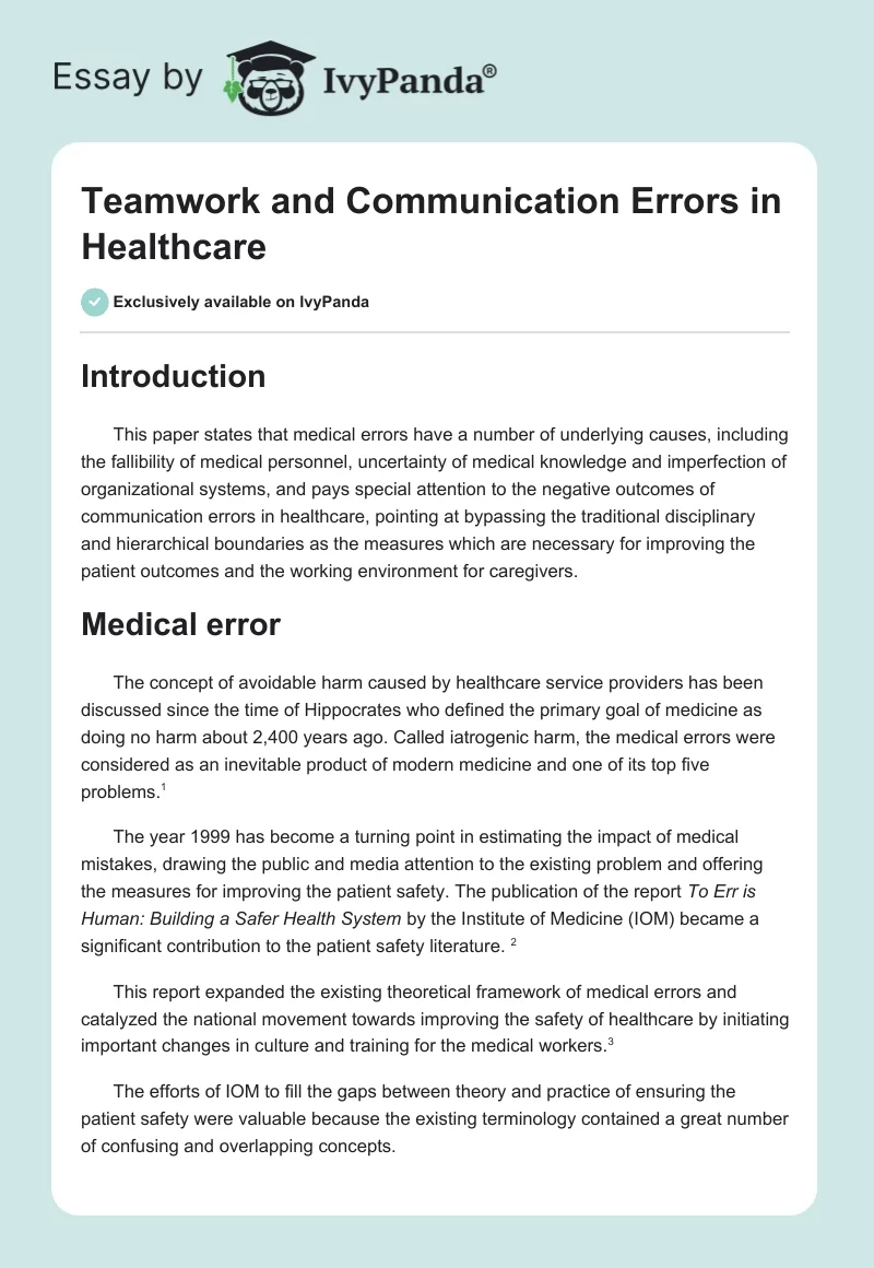 Teamwork and Communication Errors in Healthcare. Page 1