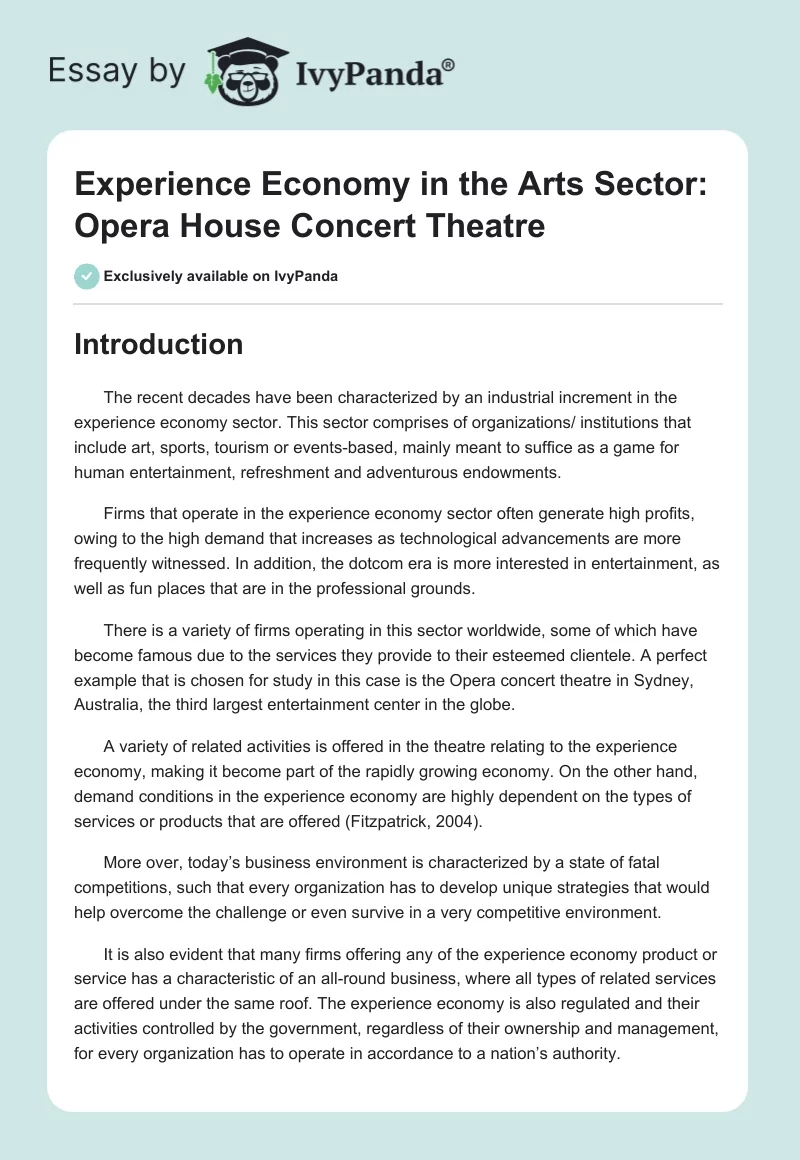 Experience Economy in the Arts Sector: Opera House Concert Theatre. Page 1
