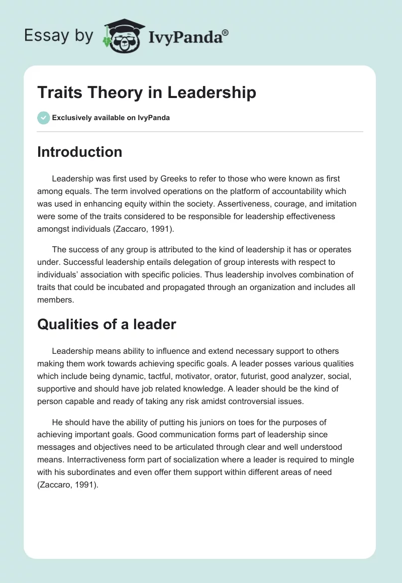 Traits Theory in Leadership. Page 1
