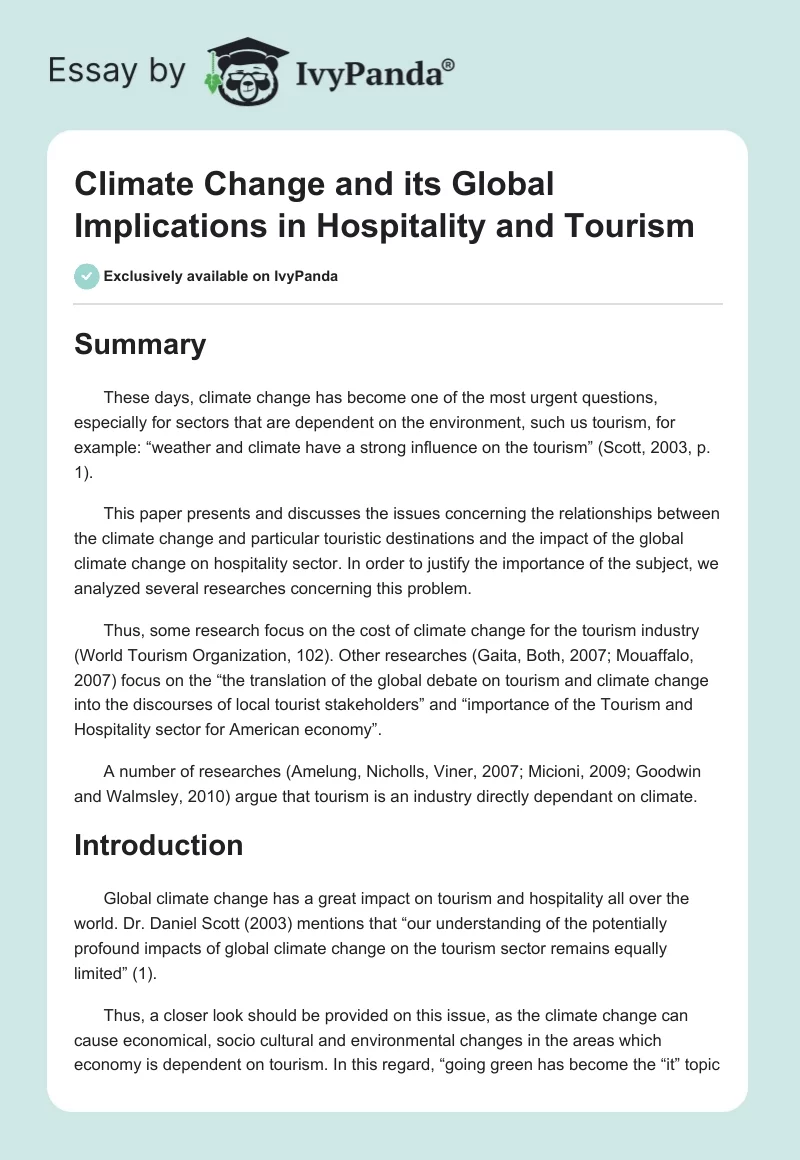 Climate Change and Its Global Implications in Hospitality and Tourism. Page 1