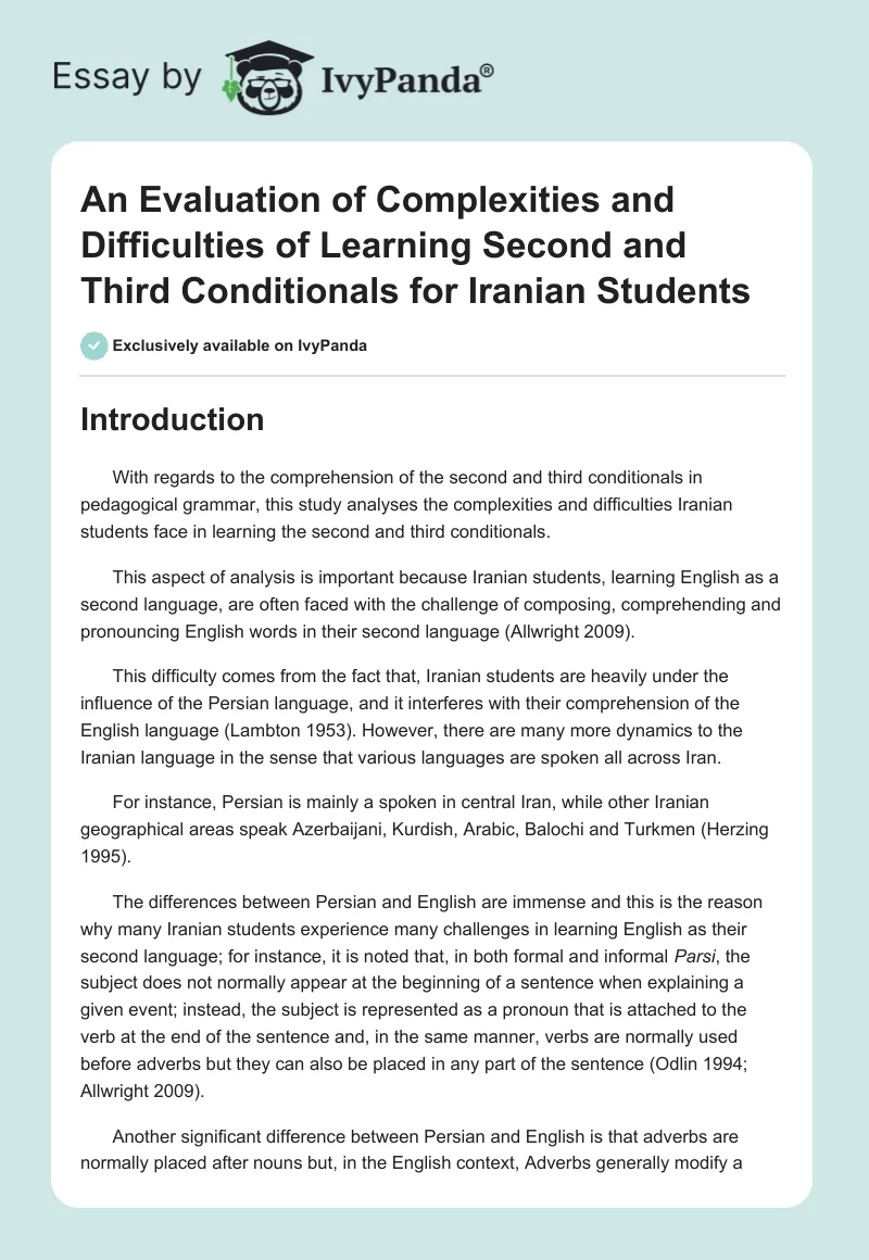 An Evaluation of Complexities and Difficulties of Learning Second and Third Conditionals for Iranian Students. Page 1