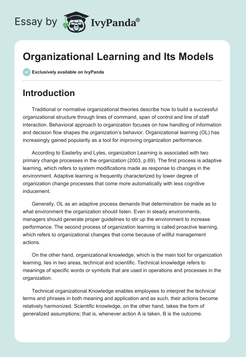 Organizational Learning and Its Models. Page 1