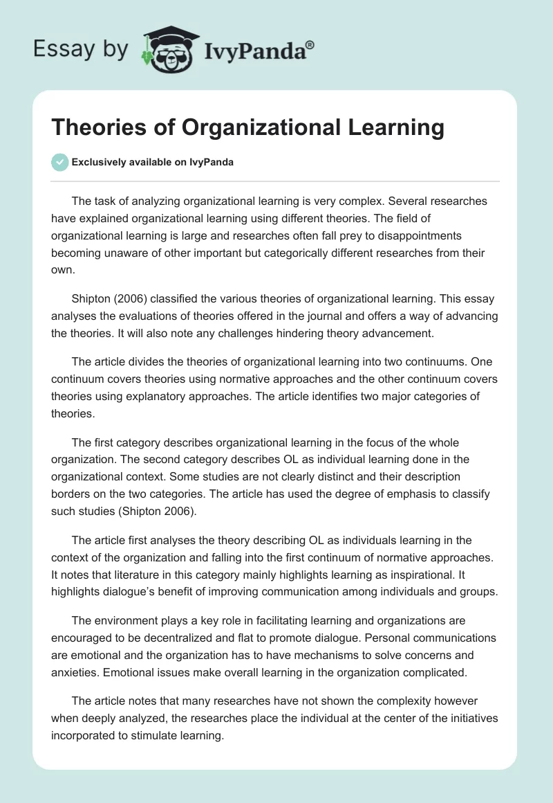 Theories of Organizational Learning. Page 1