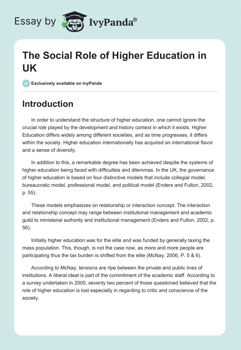 The Social Role of Higher Education in UK. Page 1