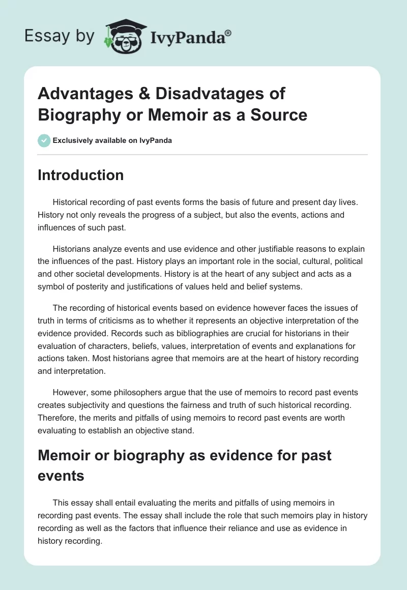 Advantages & Disadvatages of Biography or Memoir as a Source. Page 1