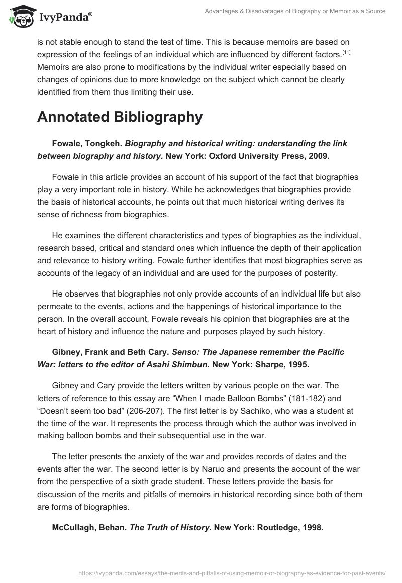 Advantages & Disadvatages of Biography or Memoir as a Source. Page 4