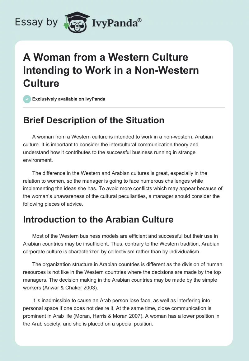 A Woman From a Western Culture Intending to Work in a Non-Western Culture. Page 1