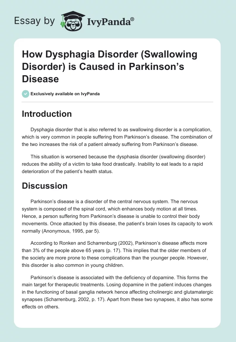How Dysphagia Disorder (Swallowing Disorder) is Caused in Parkinson’s Disease. Page 1