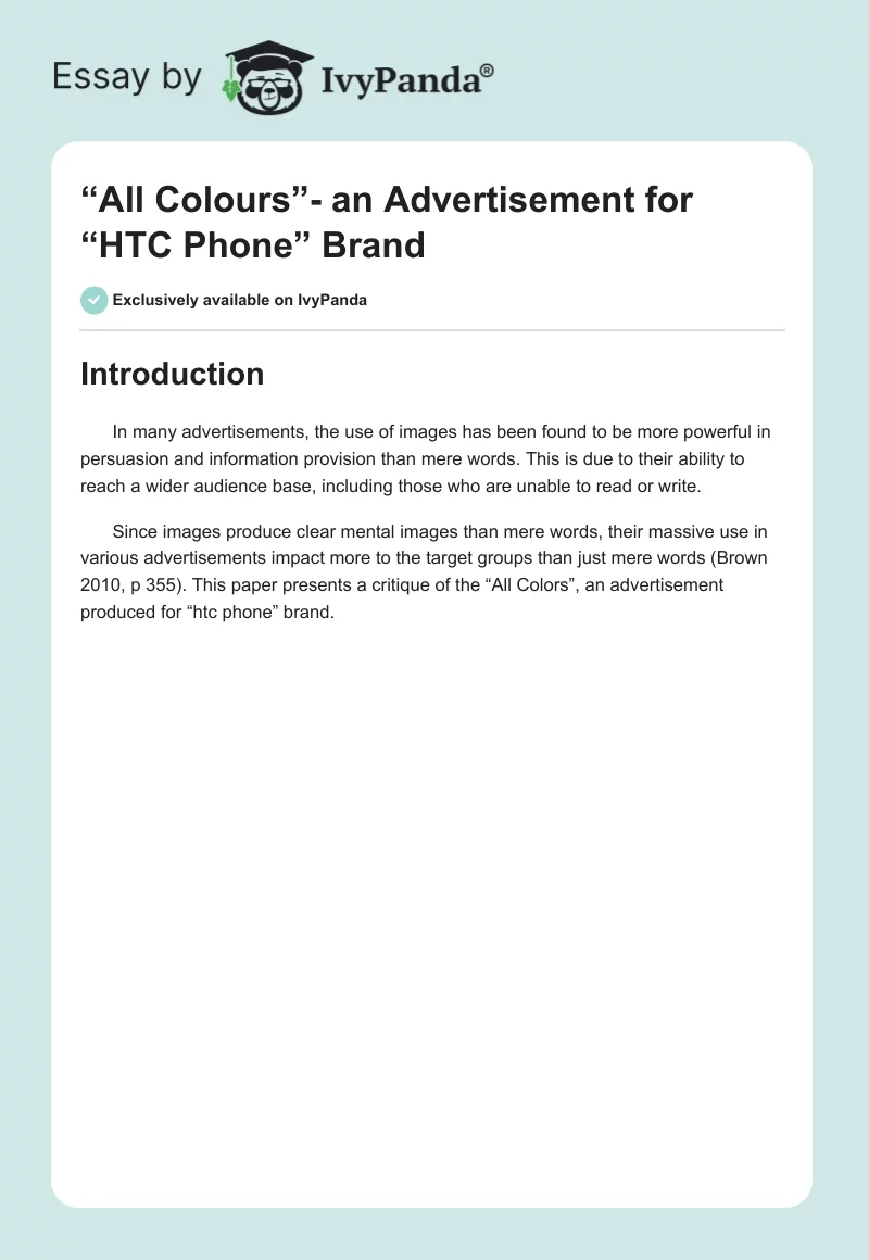 “All Colours”- an Advertisement for “HTC Phone” Brand. Page 1