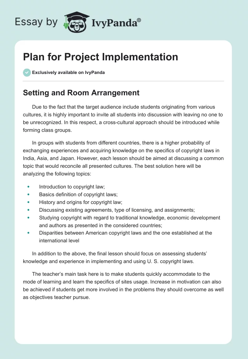 Plan for Project Implementation. Page 1