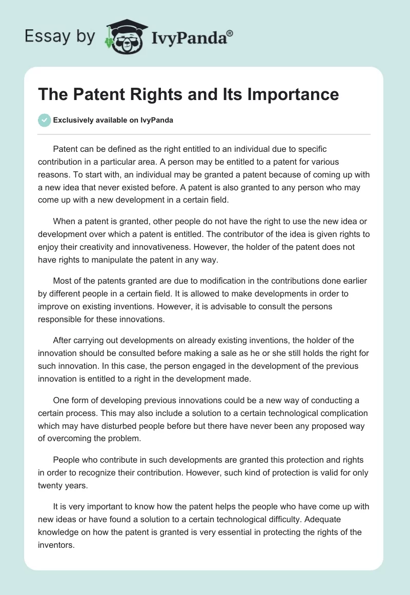 The Patent Rights and Its Importance. Page 1
