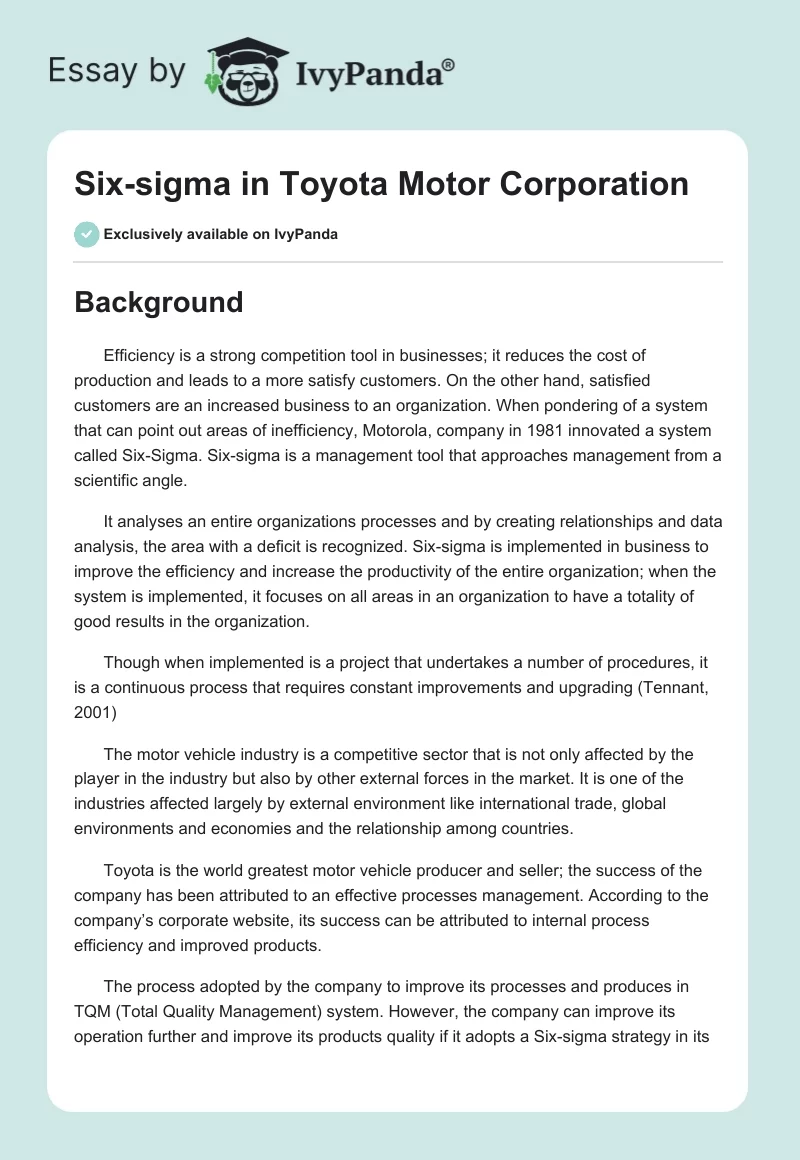 Six-Sigma in Toyota Motor Corporation. Page 1