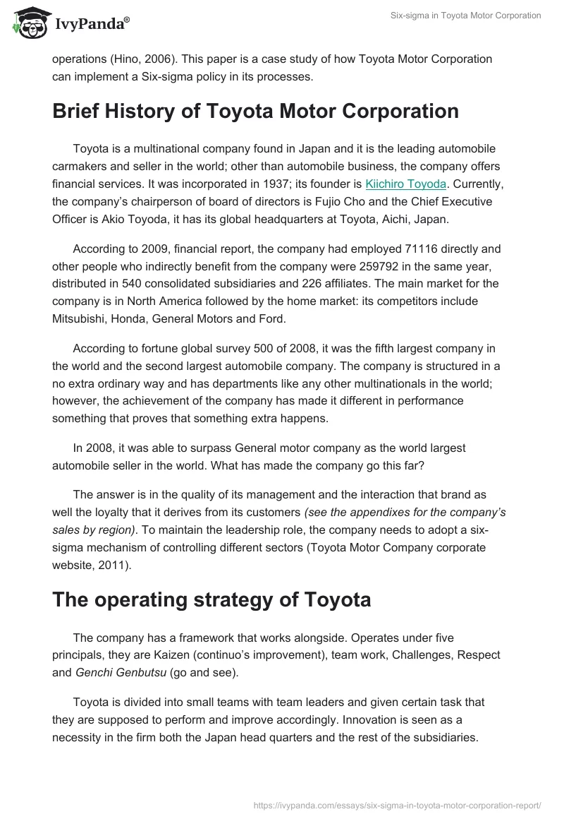 Six-Sigma in Toyota Motor Corporation. Page 2