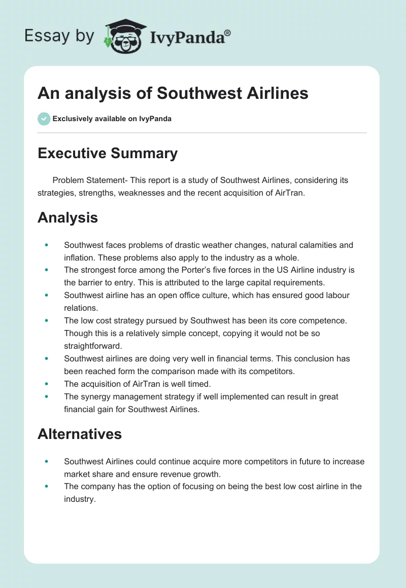 An Analysis of Southwest Airlines. Page 1