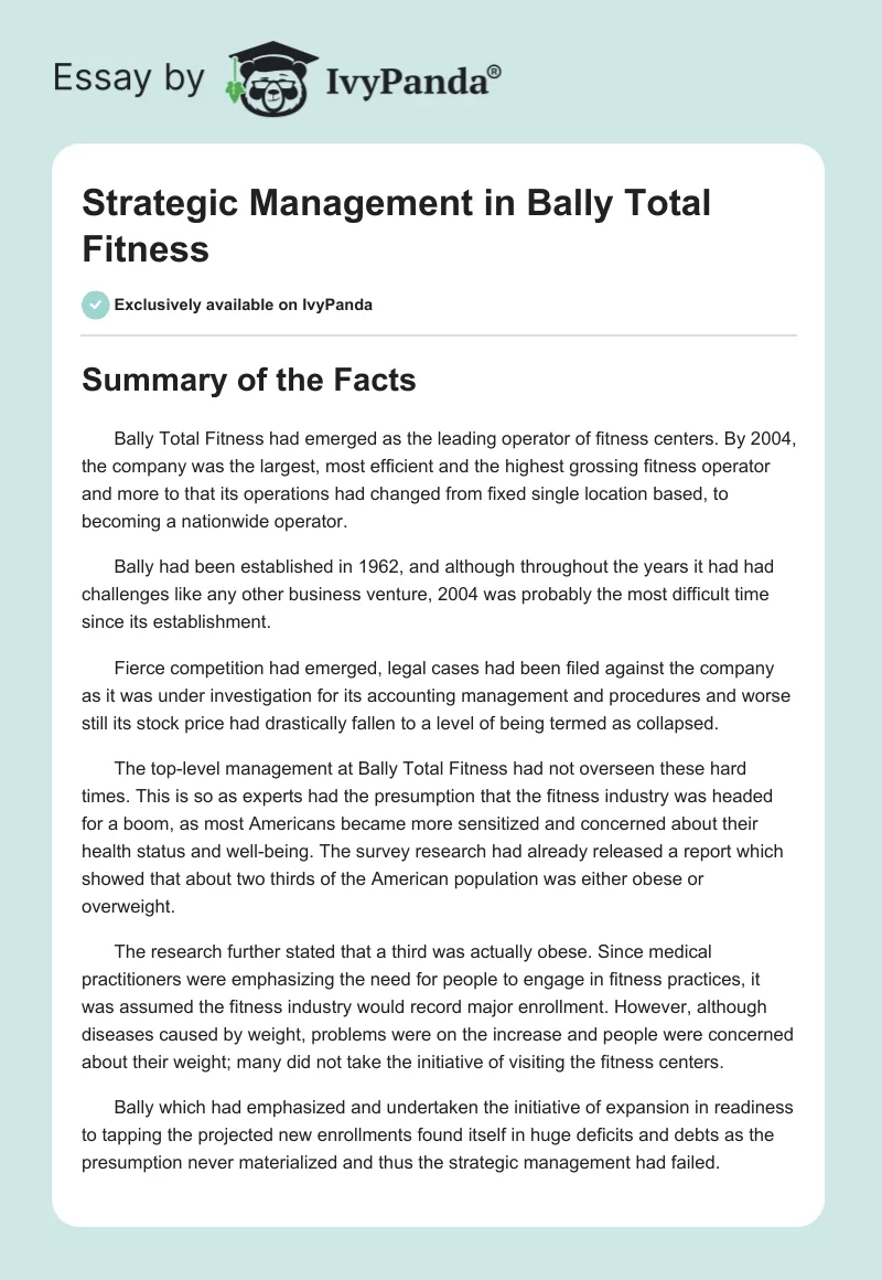 Strategic Management in Bally Total Fitness. Page 1