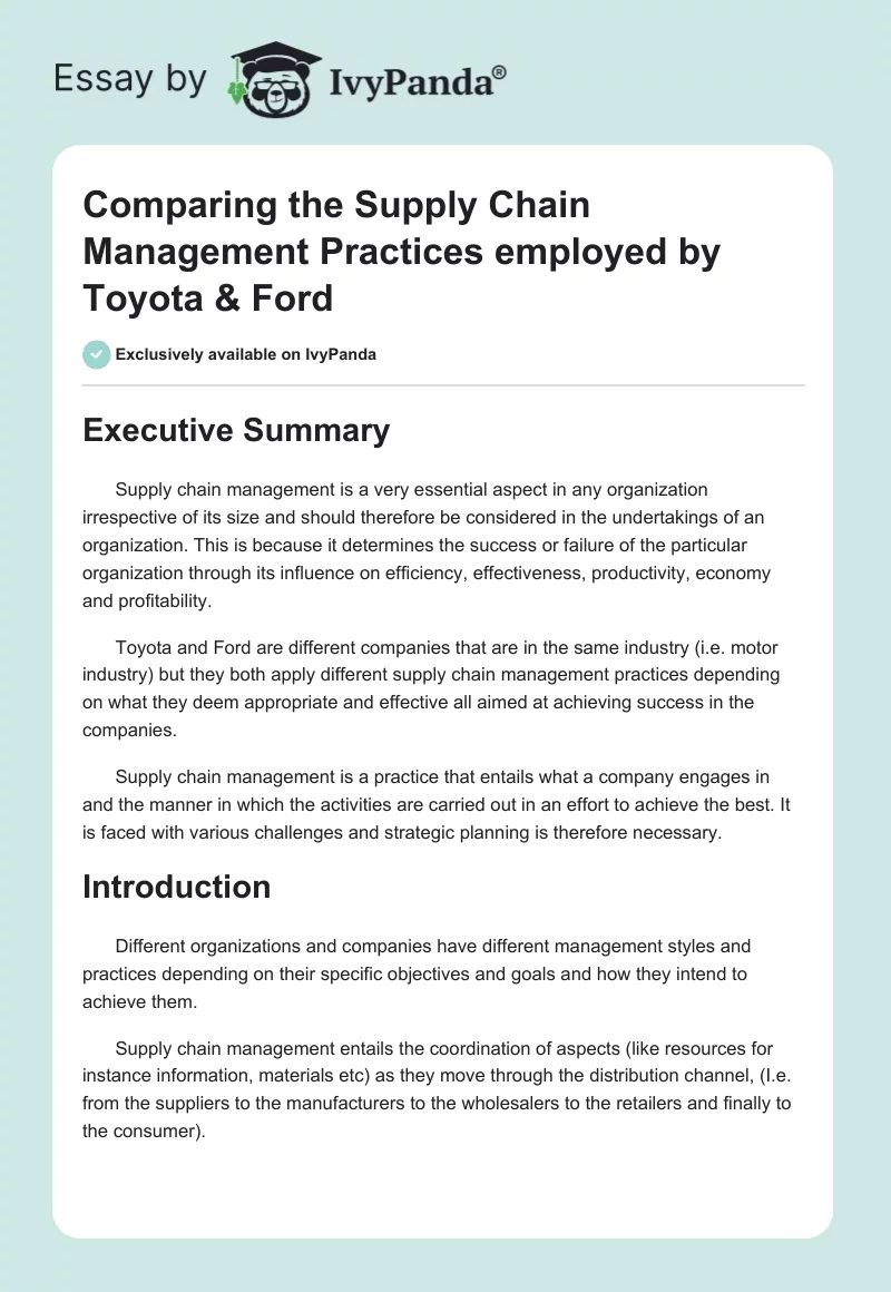 Comparing the Supply Chain Management Practices Employed by Toyota & Ford. Page 1