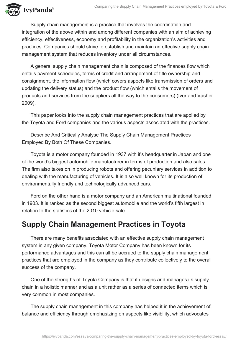 Comparing the Supply Chain Management Practices Employed by Toyota & Ford. Page 2