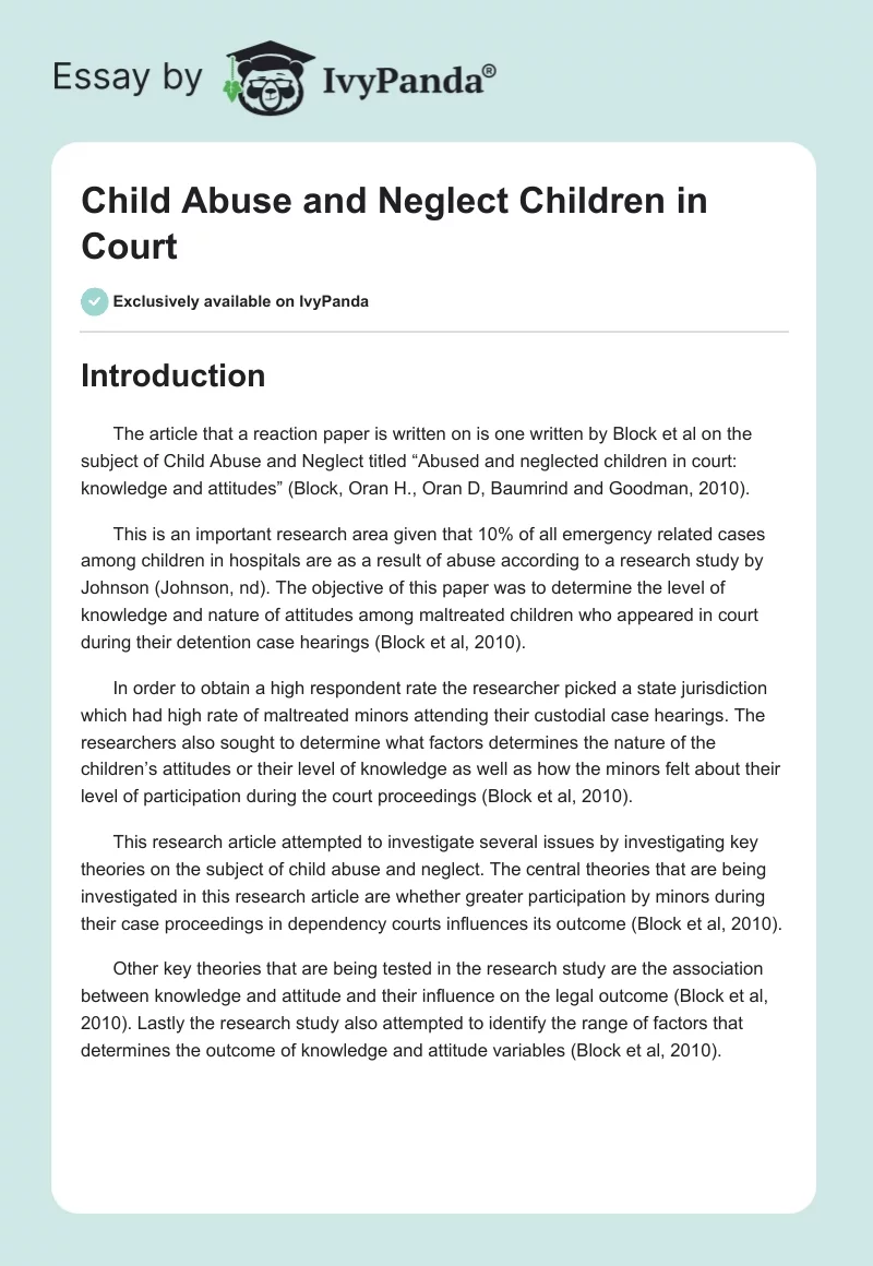 Child Abuse and Neglect Children in Court. Page 1