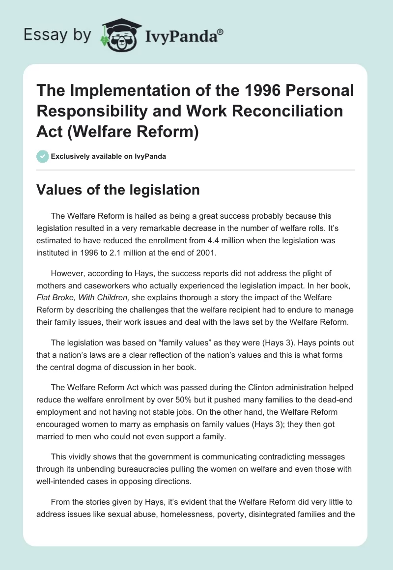 The Implementation of the 1996 Personal Responsibility and Work Reconciliation Act (Welfare Reform). Page 1