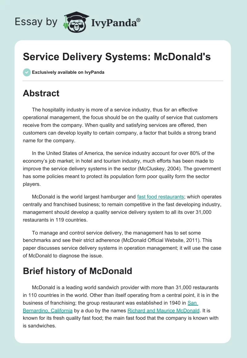 Service Delivery Systems: McDonald's. Page 1