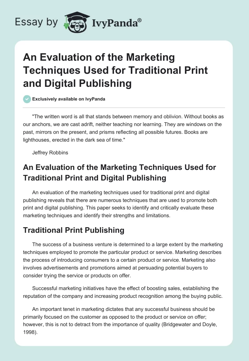An Evaluation of the Marketing Techniques Used for Traditional Print and Digital Publishing. Page 1