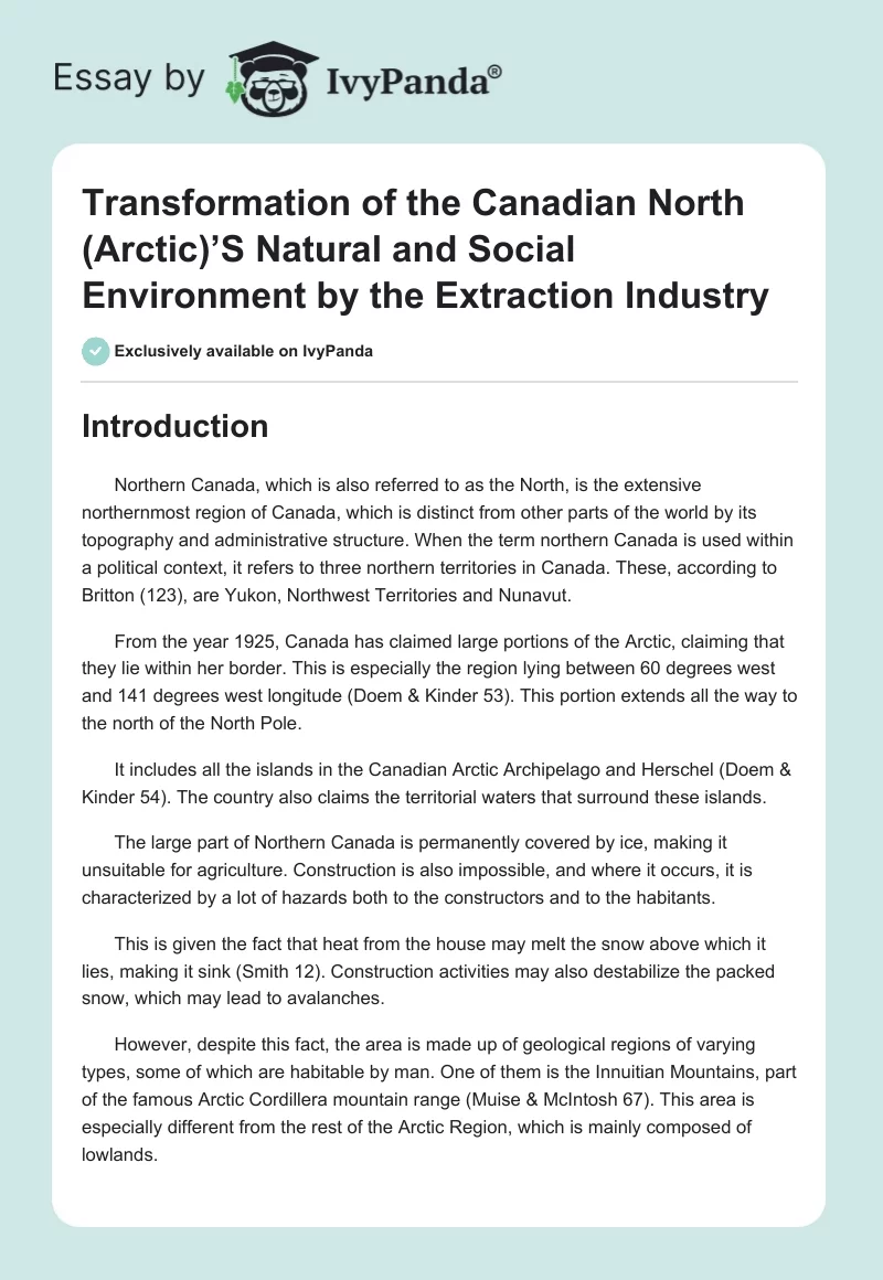 Transformation of the Canadian North (Arctic)’S Natural and Social Environment by the Extraction Industry. Page 1