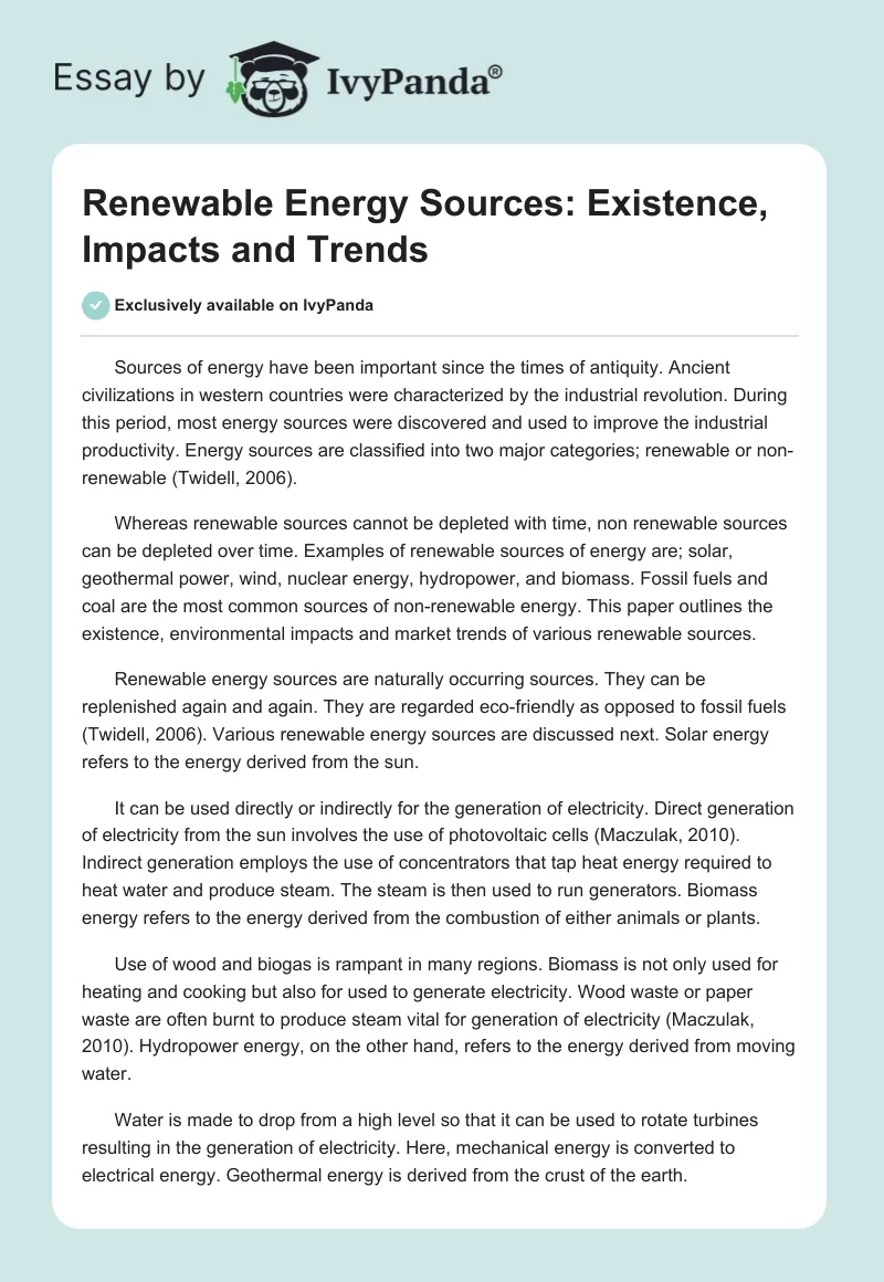 Renewable Energy Sources: Existence, Impacts and Trends. Page 1