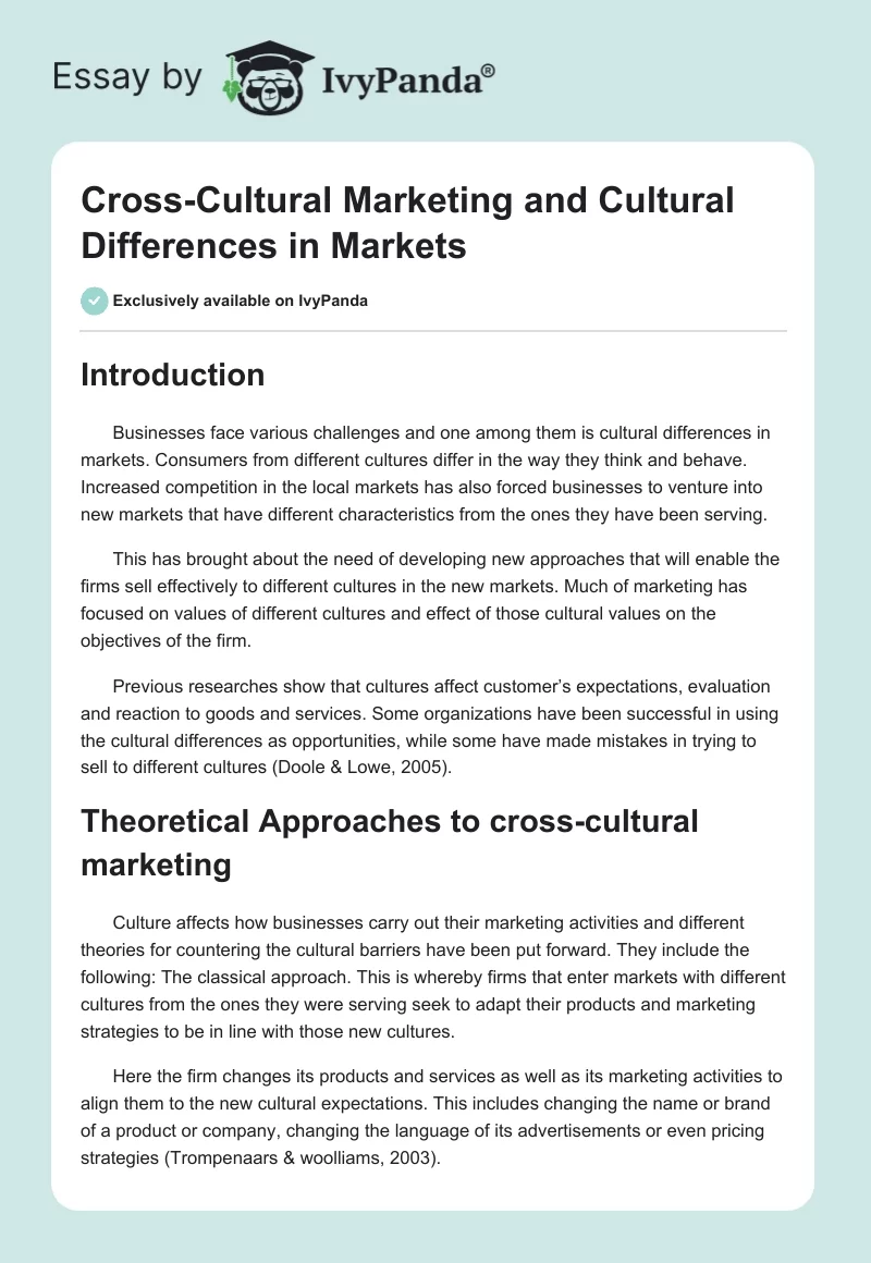 Cross-Cultural Marketing and Cultural Differences in Markets. Page 1