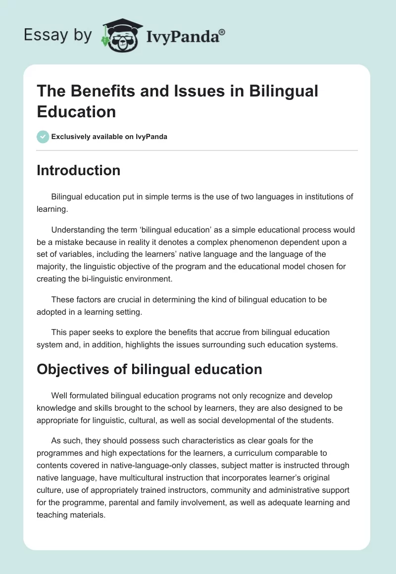The Benefits and Issues in Bilingual Education. Page 1