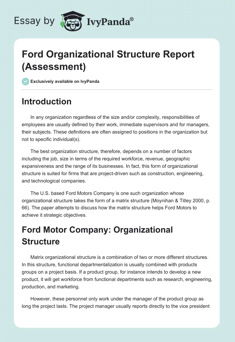 Ford Organizational Structure Report (Assessment). Page 1
