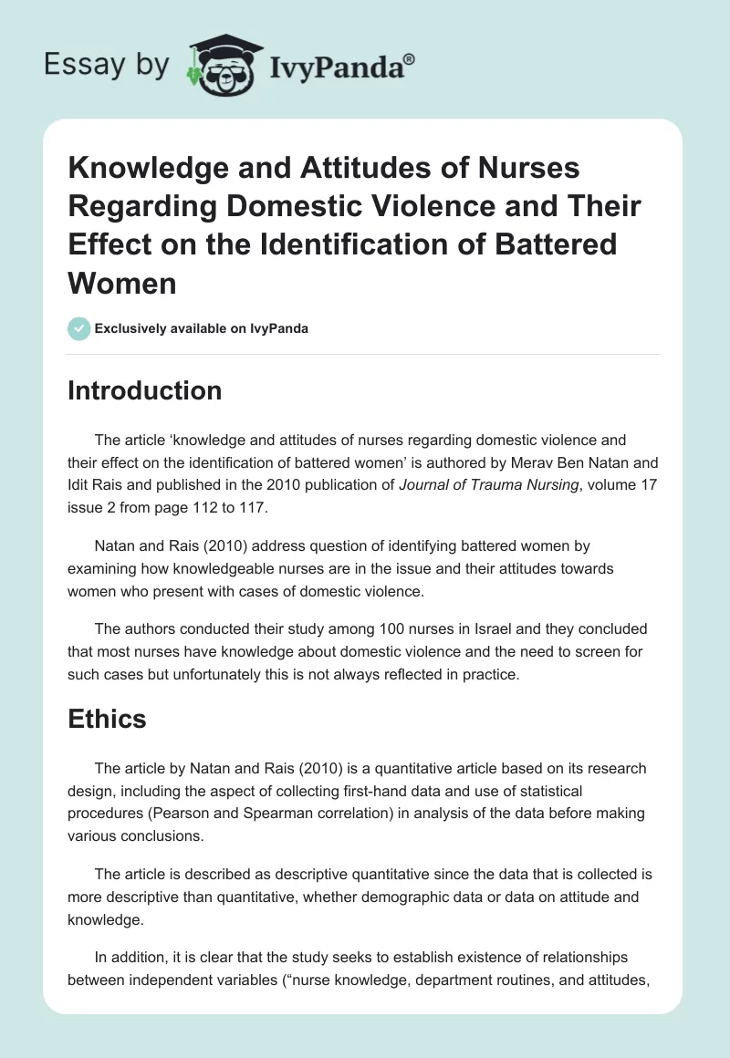 Knowledge and Attitudes of Nurses Regarding Domestic Violence and Their Effect on the Identification of Battered Women. Page 1